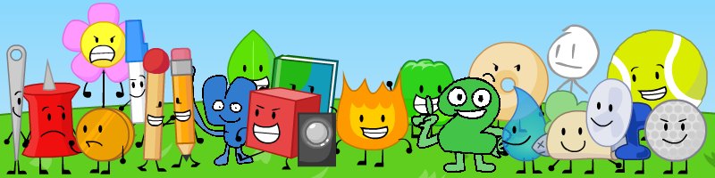 BFDI characters, left to right: Needle, Pin, Coiny, Flower, Pen, Match, Pencil, Four, Leafy, Blocky, Book, Announcer, Firey, Gelatin, Two, Donut, Teardrop, Taco, David, Fanny, Tennis Ball, and Golf Ball